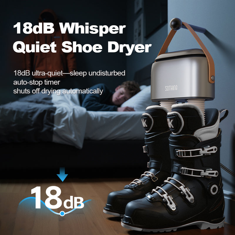 Quiet SOTHING Ultra boot dryer drying ski boots overnight with auto-stop timer