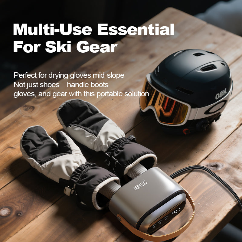 SOTHING Ultra dryer drying ski gloves next to a ski helmet